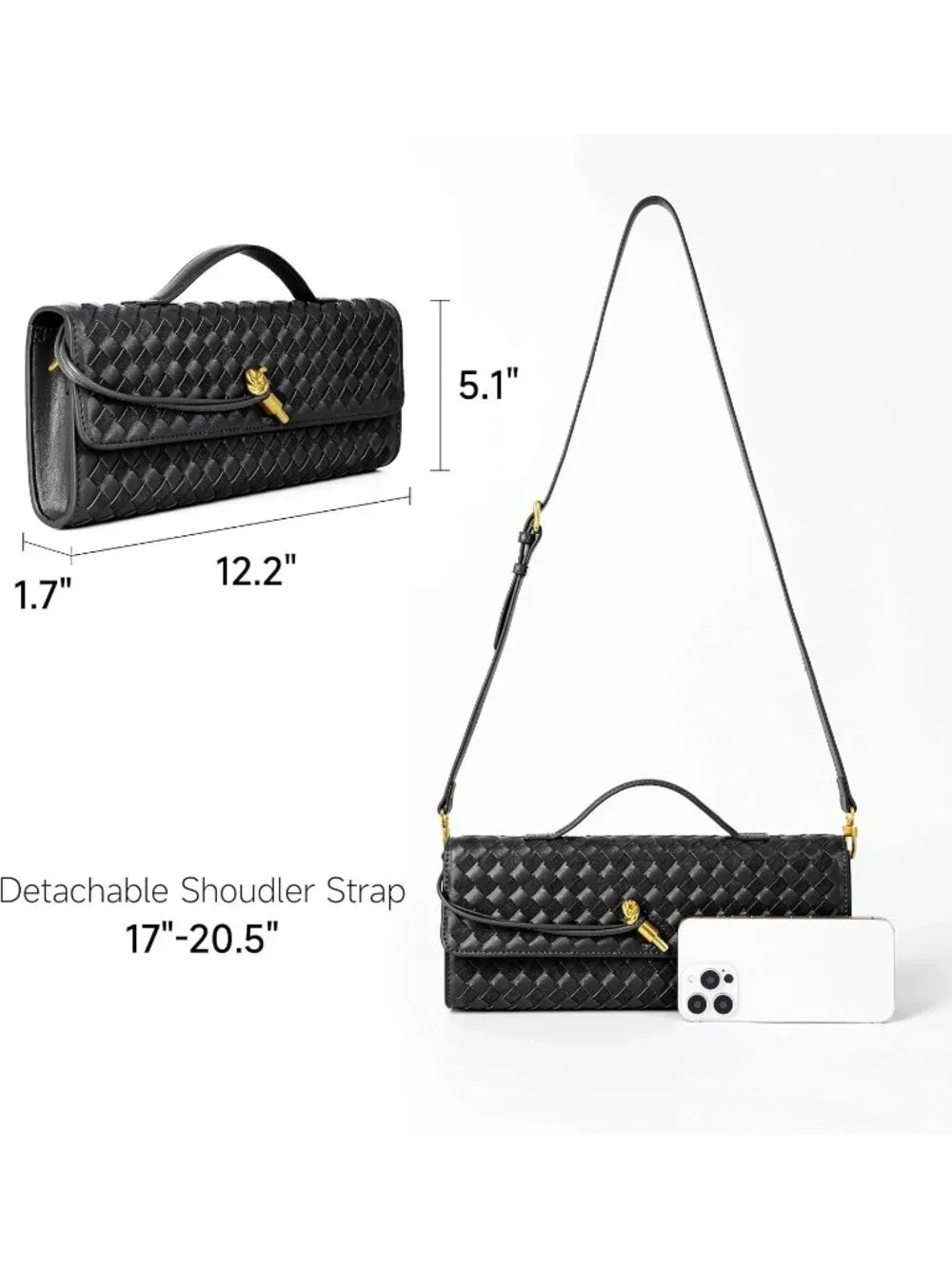 Women's Black Leather Suede Woven Clutch Purse For Evening Crossbody Bag